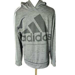 Adidas Hoodie Boys Size Large 14-16 Grey Pullover Striped Sleeves Kangaroo‎